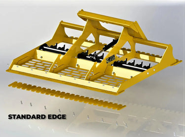 Yellow tines of a land leveler attachment against a white background.
